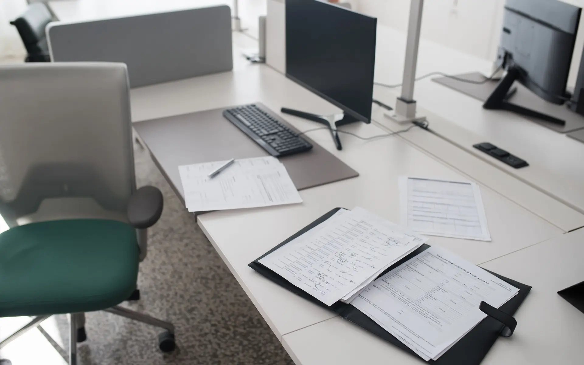 Open document binder on a desk beside an empty office chair.
