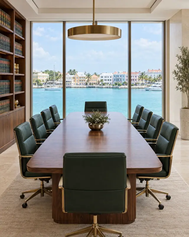 Boardroom with a walnut table and green leather chairs overlooking the harbour