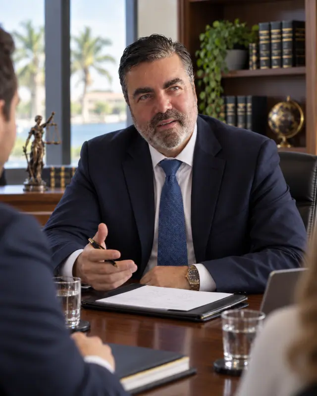 Daniel Zahavi discussing a matter with clients at his office desk