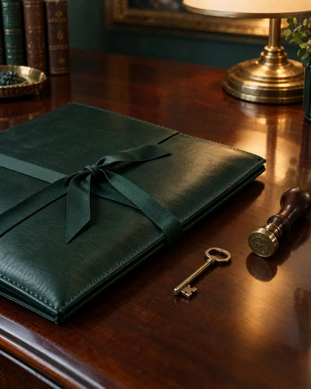 Leather document portfolio, key and seal stamp on a desk