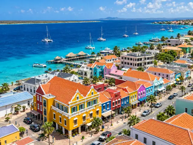 Kralendijk waterfront and colorful historic buildings in Bonaire