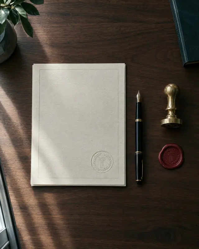 Deed with an embossed seal, fountain pen and wax seal