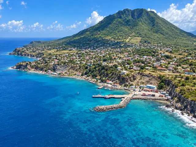 Aerial view of Oranjestad and The Quill volcano in Sint Eustatius