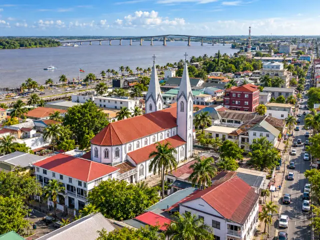 Historic cathedral and Suriname River waterfront in Paramaribo