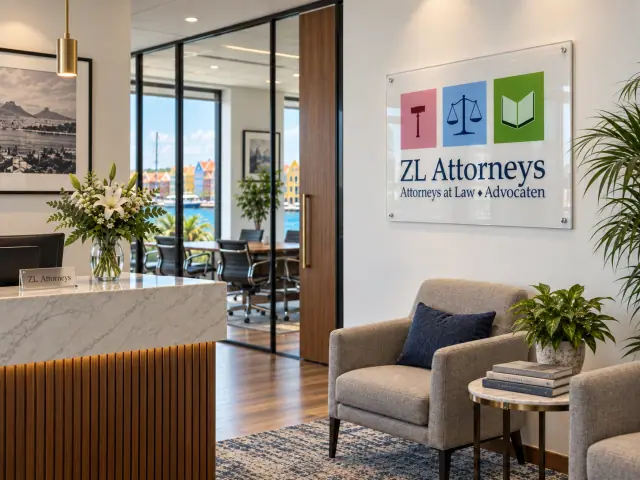 ZL Attorneys reception with office signage and a waterfront view